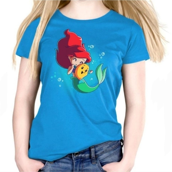 DISNEY‎ BFFs Ariel And Flounder Graphic T Shirt Blue Ringspun Cotton Junior's XL - Picture 1 of 11